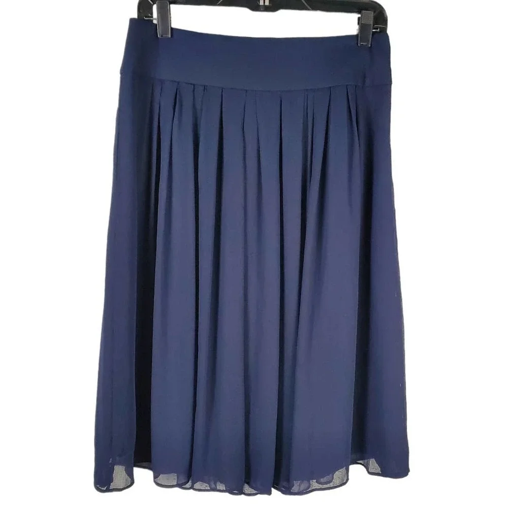White House Black Market Soft Pleated Navy Blue Chiffon Business Skirt Size 8